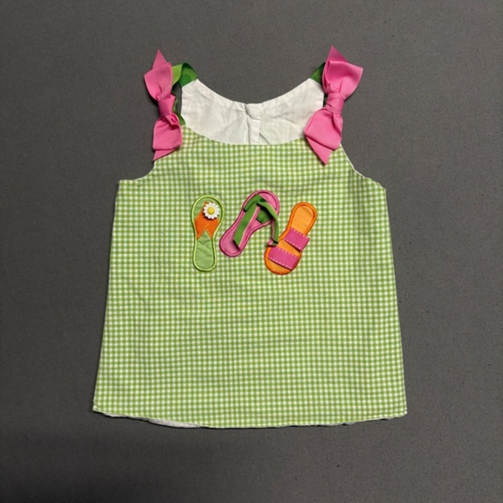 Peaches n Cream‎ Girls' Green Gingham Appliqué Top Pink Bow Beach Sandals Cotton